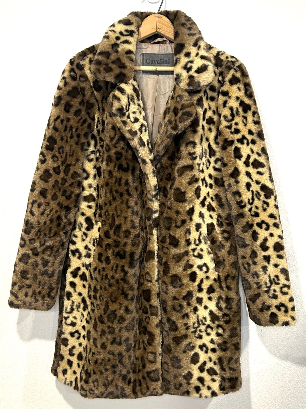 CAVALINI Leopard Print Faux Fur Coat Plush Statement Mob Wife Fuzzy Soft Size M
